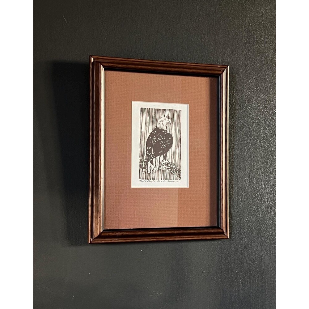 Vintage Framed Woodcut Print ‘Bald Eagle’ by Charles Anderson